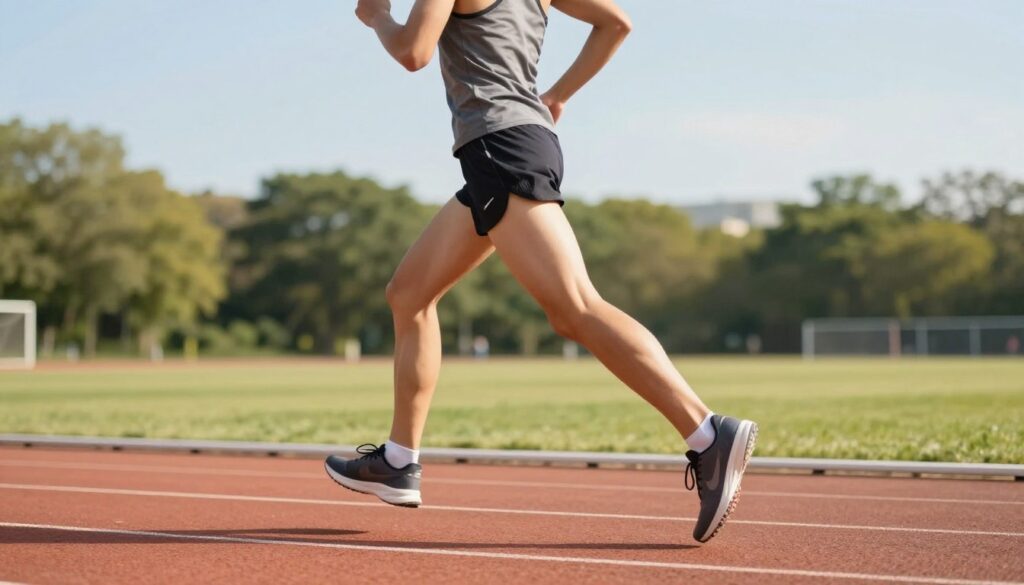 A runner demonstrating energy-efficient running technique on a sunlit outdoor track. In the foreground, focus on the runner, a fit individual wearing modest athletic gear, showcasing a streamlined posture with a slight forward lean, arms relaxed at the sides, and feet barely touching the ground in a smooth stride. The middle ground features a softly blurred view of a running track lined with green foliage, suggesting a serene environment conducive to training. The background includes a clear blue sky, enhancing the mood of a peaceful yet energetic atmosphere. Use soft, natural lighting to create a warm glow on the scene while maintaining crisp details on the runner's form, emphasizing the efficiency of their movement. A runner demonstrating energy-efficient running technique on a sunlit outdoor track. In the foreground, focus on the runner, a fit individual wearing modest athletic gear, showcasing a streamlined posture with a slight forward lean, arms relaxed at the sides, and feet barely touching the ground in a smooth stride. The middle ground features a softly blurred view of a running track lined with green foliage, suggesting a serene environment conducive to training. The background includes a clear blue sky, enhancing the mood of a peaceful yet energetic atmosphere. Use soft, natural lighting to create a warm glow on the scene while maintaining crisp details on the runner's form, emphasizing the efficiency of their movement.