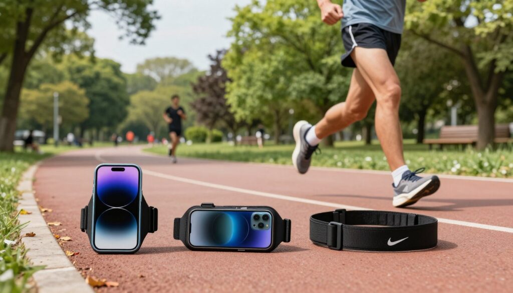 A running enthusiast in modest athletic wear jogs along a scenic park pathway, showcasing various smartphone storage accessories designed for runners. In the foreground, a sleek armband with a modern smartphone, a belt pouch with a visible phone, and an adjustable waistband are neatly displayed. The middle ground features a vibrant park with green trees, a sunny sky, and a hint of other joggers in the distance, emphasizing a dynamic outdoor atmosphere. The background captures a blurred view of a running track to create depth. Soft, natural lighting bathes the scene, highlighting the colors and textures of the accessories, while an angle from slightly below eye level provides a sense of engagement with the subject. The overall mood is energetic, motivating, and encouraging fitness. A running enthusiast in modest athletic wear jogs along a scenic park pathway, showcasing various smartphone storage accessories designed for runners. In the foreground, a sleek armband with a modern smartphone, a belt pouch with a visible phone, and an adjustable waistband are neatly displayed. The middle ground features a vibrant park with green trees, a sunny sky, and a hint of other joggers in the distance, emphasizing a dynamic outdoor atmosphere. The background captures a blurred view of a running track to create depth. Soft, natural lighting bathes the scene, highlighting the colors and textures of the accessories, while an angle from slightly below eye level provides a sense of engagement with the subject. The overall mood is energetic, motivating, and encouraging fitness.