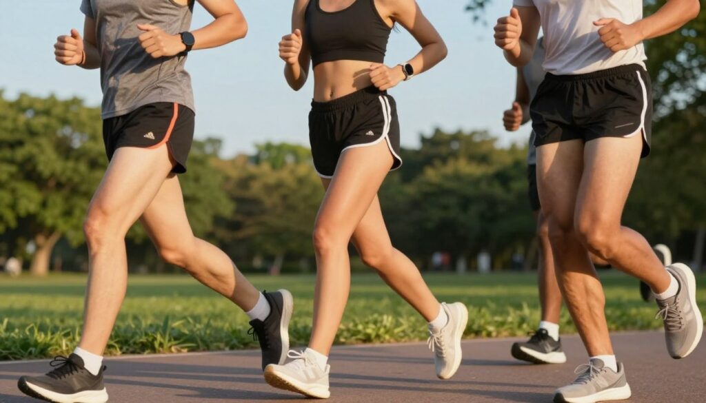 A scenic park setting during the golden hour, featuring a diverse group of three runners engaged in an energetic jog. The foreground shows close-up of their toned legs and midsections, emphasizing the dynamic movement and muscle engagement, specifically targeting thighs and abdominal areas. In the middle ground, the runners are captured from slightly below eye level, showcasing their determination and focus, while wearing modest athletic clothing that highlights their commitment to fitness. The background fades into a soft blur of lush greenery and a clear blue sky, enriching the atmosphere with a serene yet active vibe. Overall, the image conveys a sense of vitality and the transformative effects of running on body proportions. A scenic park setting during the golden hour, featuring a diverse group of three runners engaged in an energetic jog. The foreground shows close-up of their toned legs and midsections, emphasizing the dynamic movement and muscle engagement, specifically targeting thighs and abdominal areas. In the middle ground, the runners are captured from slightly below eye level, showcasing their determination and focus, while wearing modest athletic clothing that highlights their commitment to fitness. The background fades into a soft blur of lush greenery and a clear blue sky, enriching the atmosphere with a serene yet active vibe. Overall, the image conveys a sense of vitality and the transformative effects of running on body proportions.
