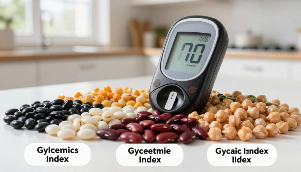 A scientifically informative image depicting the glycemic index of beans and its effect on blood glucose levels. In the foreground, a vibrant arrangement of various types of beans, such as black beans, kidney beans, and chickpeas, labeled with their respective glycemic indexes. In the middle ground, a blood glucose meter displaying a reading, symbolizing the measurement of blood sugar levels after bean consumption. The background features a clean, modern kitchen setting with natural light streaming through a window, casting soft shadows. The overall mood is educational and inviting, encouraging healthy eating habits, with emphasis on the nutritional benefits of beans. No text or watermarks present.