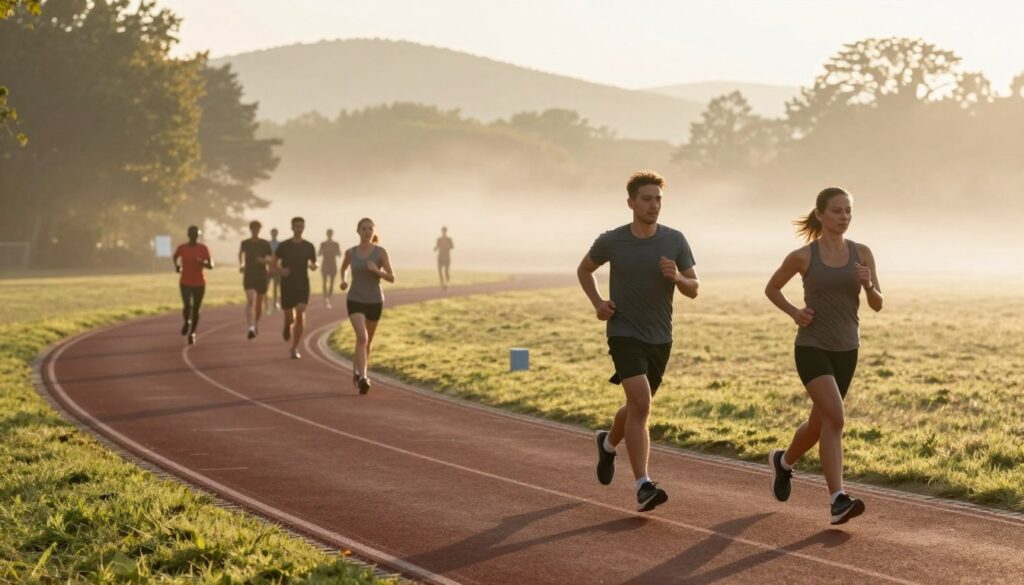 A serene outdoor running scene at dawn, featuring a diverse group of individuals dressed in modest athletic clothing, engaging in various running exercises. In the foreground, a couple of runners, one male and one female, are visible, focused and determined, showcasing different distances: one sprinting and the other jogging comfortably. The middle ground shows a winding track, with a set distance markers visible, hinting at distance training. In the background, soft hills and lush trees catch the early morning light, with a gentle fog hovering, adding to the atmosphere of tranquility. The scene is lit with warm, golden sunlight filtering through, casting elongated shadows on the track, evoking a sense of motivation and purpose. The entire composition inspires a feeling of commitment to fitness and healthy living. A serene outdoor running scene at dawn, featuring a diverse group of individuals dressed in modest athletic clothing, engaging in various running exercises. In the foreground, a couple of runners, one male and one female, are visible, focused and determined, showcasing different distances: one sprinting and the other jogging comfortably. The middle ground shows a winding track, with a set distance markers visible, hinting at distance training. In the background, soft hills and lush trees catch the early morning light, with a gentle fog hovering, adding to the atmosphere of tranquility. The scene is lit with warm, golden sunlight filtering through, casting elongated shadows on the track, evoking a sense of motivation and purpose. The entire composition inspires a feeling of commitment to fitness and healthy living.