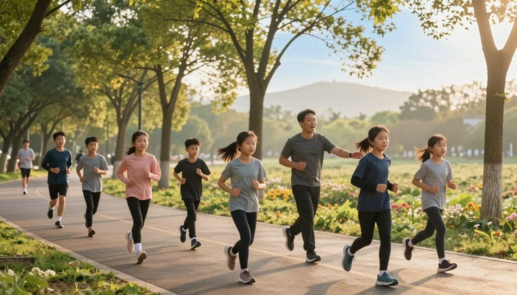 A serene park setting during the early morning, bathed in soft golden light as the sun rises. In the foreground, a diverse group of beginners in modest athletic clothing is engaged in a gentle group running session, showcasing different body types and genders to promote inclusivity. They are running on a well-maintained path surrounded by green trees and blooming flowers. In the middle ground, a qualified coach offers encouragement and advice, demonstrating proper running form with an enthusiastic expression. The background features a peaceful landscape with distant hills and a clear blue sky. The overall mood is uplifting and motivational, conveying a sense of community and support for new runners, emphasizing a safe and injury-free beginning to a running journey.