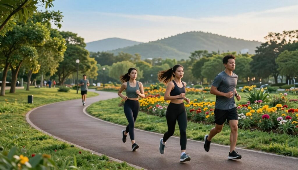 A serene running scene in a vibrant park during early morning light, capturing a mix of calm jogging and interval training. In the foreground, a diverse group of three runners—two women in comfortable athletic wear and a man in casual workout clothes—are depicted in mid-stride. They embody focus and determination, showcasing different paces. The middle ground features winding paths lined with lush greenery and colorful flowers, creating an inviting atmosphere. In the background, gentle hills rise under a clear blue sky, with the soft glow of dawn illuminating the landscape. The lighting is soft and warm, enhancing the sense of tranquility and encouraging an active lifestyle. The mood is motivational and uplifting, perfect for inspiring readers about integrating varied running techniques into their routines.