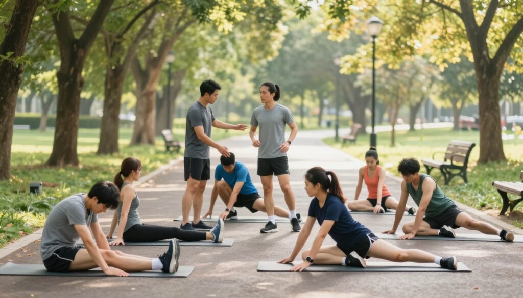 A serene running trail surrounded by lush greenery, illustrating the theme of recovery and injury prevention during running. In the foreground, a diverse group of runners in modern athletic attire, practicing proper stretching techniques on exercise mats, demonstrating a focus on safety and wellness. In the middle, a personal trainer guiding a runner on safe body mechanics while jogging, emphasizing posture and form. The background features a soft-focus view of a tranquil park with trees, benches, and a gentle sunlight filtering through the leaves, creating a warm and encouraging atmosphere. The lighting is bright and natural, capturing a sense of vitality and determination, with a wide-angle lens that provides a dynamic perspective of the scene.
