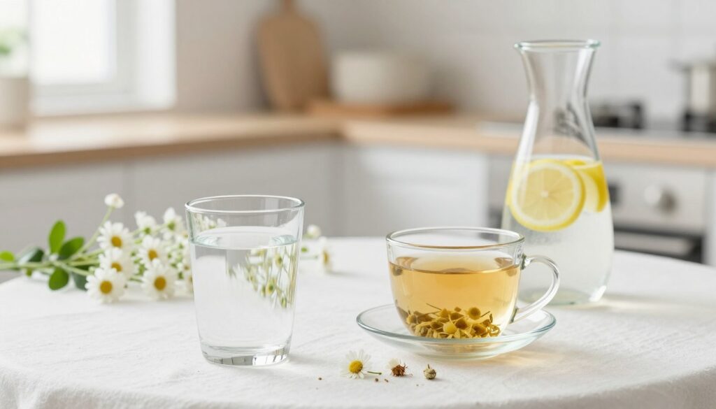 A serene table setting featuring an array of beverages suitable for a white diet. In the foreground, a glass of clear coconut water, a mug of herbal chamomile tea, and a decanter of refreshing lemon-infused water sit elegantly. The middle ground showcases a soft white tablecloth, adorned with delicate white flowers, creating a calming atmosphere. In the background, a softly blurred view of a minimalist kitchen with bright, natural light pouring in from a window, enhancing the freshness of the scene. The shot is taken from a slightly elevated angle to capture both the drinks and the beautiful setting, conveying a sense of tranquility and health. The overall mood is clean, inviting, and refreshing, perfect for promoting a diet-friendly lifestyle.
