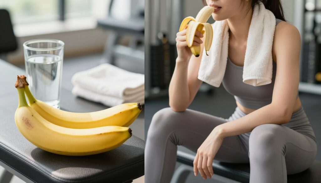 A split image showing a banana in two scenarios. On the left, a banana placed on a gym bench with a light breakfast setting, like a glass of water and a towel, under bright, natural morning light, creating an energetic and motivating atmosphere. The foreground captures the banana in sharp detail, emphasizing its vibrant yellow color and fresh appearance. In the middle, a person dressed in casual athletic wear is seen enjoying the banana post-workout, sitting on a gym floor with a towel around their neck, glowing with satisfaction and mild exhaustion. The background shows gym equipment slightly blurred, hinting at a fitness environment. The overall mood is healthy, vibrant, and focused on nourishment and recovery.