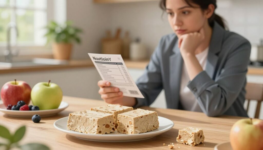 A split-scene illustration focusing on dietary considerations regarding halva. In the foreground, a well-lit dining table features a plate of halva, arranged artfully with a few pieces cut into squares. Beside it, fresh fruits like apples and berries are displayed to emphasize healthier options. In the middle ground, an individual in professional attire, looking contemplative, studies a nutrition label while glancing at the halva, symbolizing cautious consumption. The background showcases a blurred kitchen setting, filled with greenery and natural light, creating a warm and inviting atmosphere. Soft shadows enhance the depth, and the image conveys reflection on healthy choices and moderation in diet. A split-scene illustration focusing on dietary considerations regarding halva. In the foreground, a well-lit dining table features a plate of halva, arranged artfully with a few pieces cut into squares. Beside it, fresh fruits like apples and berries are displayed to emphasize healthier options. In the middle ground, an individual in professional attire, looking contemplative, studies a nutrition label while glancing at the halva, symbolizing cautious consumption. The background showcases a blurred kitchen setting, filled with greenery and natural light, creating a warm and inviting atmosphere. Soft shadows enhance the depth, and the image conveys reflection on healthy choices and moderation in diet.