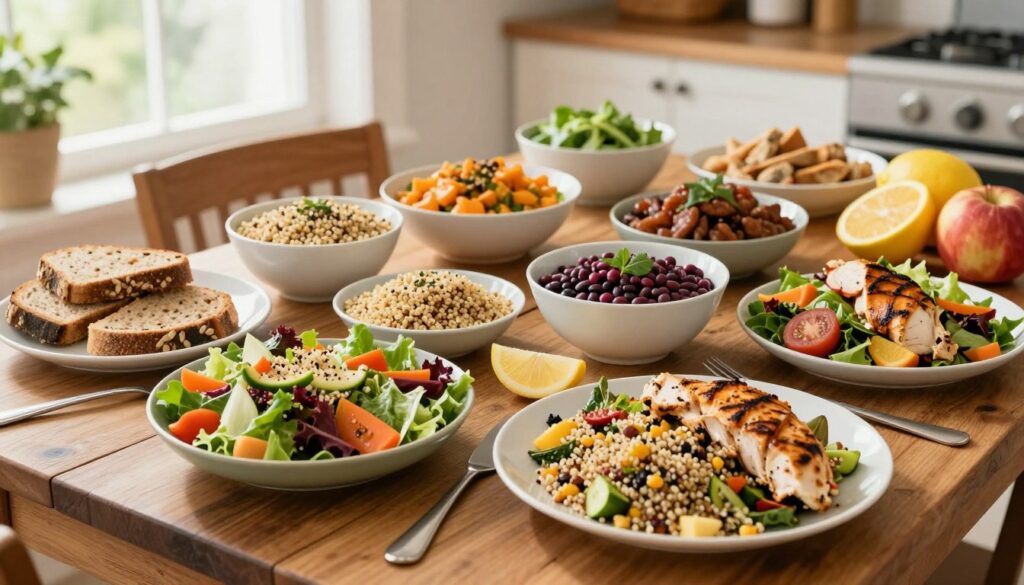 A vibrant and diverse array of healthy meals artistically arranged on a rustic wooden table, evoking a sense of abundance and variety. In the foreground, showcase enticing dishes such as colorful salads with a mix of leafy greens, fresh vegetables, quinoa, and grilled chicken. In the middle ground, present grains, legumes, and lean proteins displayed in bowls, alongside whole-grain bread slices and an assortment of fruits. The background should feature a sunny kitchen setting with soft natural light filtering through a window, illuminating the freshness of the ingredients. The atmosphere is lively and inviting, emphasizing the joy of cooking and eating diverse, nutritious meals. Use a slight overhead angle to capture the layout, highlighting textures and colors for an appealing visual feast. A vibrant and diverse array of healthy meals artistically arranged on a rustic wooden table, evoking a sense of abundance and variety. In the foreground, showcase enticing dishes such as colorful salads with a mix of leafy greens, fresh vegetables, quinoa, and grilled chicken. In the middle ground, present grains, legumes, and lean proteins displayed in bowls, alongside whole-grain bread slices and an assortment of fruits. The background should feature a sunny kitchen setting with soft natural light filtering through a window, illuminating the freshness of the ingredients. The atmosphere is lively and inviting, emphasizing the joy of cooking and eating diverse, nutritious meals. Use a slight overhead angle to capture the layout, highlighting textures and colors for an appealing visual feast.