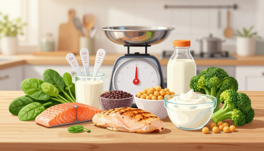 A vibrant and informative illustration featuring an array of high-quality protein sources suitable for a reduction diet. In the foreground, display a colorful selection of foods: grilled chicken breast, salmon fillets, lentils, chickpeas, Greek yogurt, and a variety of greens like spinach and broccoli, artfully arranged on a wooden cutting board. In the middle, include a set of measuring cups and a kitchen scale, emphasizing portion control. The background should feature a softly lit, modern kitchen setting with utensils and fresh herbs, creating an inviting cooking atmosphere. Utilize warm, natural light to enhance the colors and textures of the protein sources, evoking a sense of health and nutrition. The overall mood should feel motivational and encouraging for those on a dietary journey. A vibrant and informative illustration featuring an array of high-quality protein sources suitable for a reduction diet. In the foreground, display a colorful selection of foods: grilled chicken breast, salmon fillets, lentils, chickpeas, Greek yogurt, and a variety of greens like spinach and broccoli, artfully arranged on a wooden cutting board. In the middle, include a set of measuring cups and a kitchen scale, emphasizing portion control. The background should feature a softly lit, modern kitchen setting with utensils and fresh herbs, creating an inviting cooking atmosphere. Utilize warm, natural light to enhance the colors and textures of the protein sources, evoking a sense of health and nutrition. The overall mood should feel motivational and encouraging for those on a dietary journey.