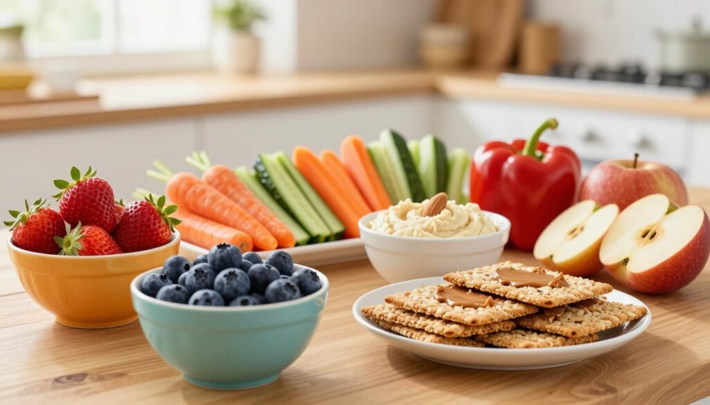 A vibrant and inviting assortment of healthy snacks suitable for both adults and children is displayed on a wooden table. In the foreground, colorful bowls filled with fresh fruits like strawberries, blueberries, and sliced apples contrast with a plate of whole-grain crackers and almond butter. In the middle, a variety of veggie sticks, including carrots, cucumbers, and bell peppers, are arranged alongside a small bowl of hummus. The background features a soft, blurred kitchen setting with natural light streaming through a window, creating a warm and cheerful atmosphere. The composition should evoke a sense of health and wellness, appealing to families seeking nutritious snacking options without excess calories. A vibrant and inviting assortment of healthy snacks suitable for both adults and children is displayed on a wooden table. In the foreground, colorful bowls filled with fresh fruits like strawberries, blueberries, and sliced apples contrast with a plate of whole-grain crackers and almond butter. In the middle, a variety of veggie sticks, including carrots, cucumbers, and bell peppers, are arranged alongside a small bowl of hummus. The background features a soft, blurred kitchen setting with natural light streaming through a window, creating a warm and cheerful atmosphere. The composition should evoke a sense of health and wellness, appealing to families seeking nutritious snacking options without excess calories.