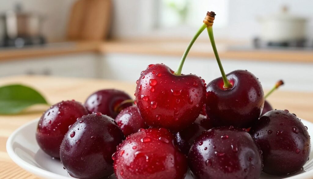 A vibrant and visually striking composition featuring a close-up of fresh, glossy cherries with droplets of water clinging to their surface, symbolizing their health benefits. In the foreground, the cherries are arranged artfully on a white plate, showcasing their rich red and dark purple hues. The middle ground transitions to a softly blurred kitchen setting with a wooden table and natural light streaming in from a nearby window, creating a warm and inviting atmosphere. In the background, a subtle hint of green leaves enhances the freshness of the scene. The lighting is bright, emphasizing the cherries' natural sheen, while the angle is slightly elevated, capturing both the fruit's detail and the cozy kitchen ambiance, conveying a sense of health and well-being related to low glycemic index foods.