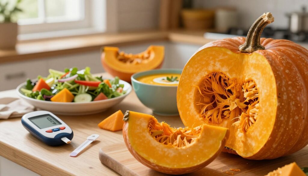 A vibrant, appetizing scene featuring a colorful pumpkin (dynia) in the foreground, sliced to reveal its rich, orange interior. Next to it, a small bowl of blood sugar monitoring devices, such as a glucometer and a test strip, subtly suggests the context of blood sugar levels. In the middle ground, an array of light, healthy pumpkin-based dishes, like a salad and a creamy soup, invite a sense of nutritious eating. The background showcases a cozy kitchen with soft, warm lighting filtering through a nearby window, creating a welcoming atmosphere. The angle should be slightly overhead to provide a clear view of the pumpkin and dishes, reflecting a mood of health, well-being, and culinary creativity.