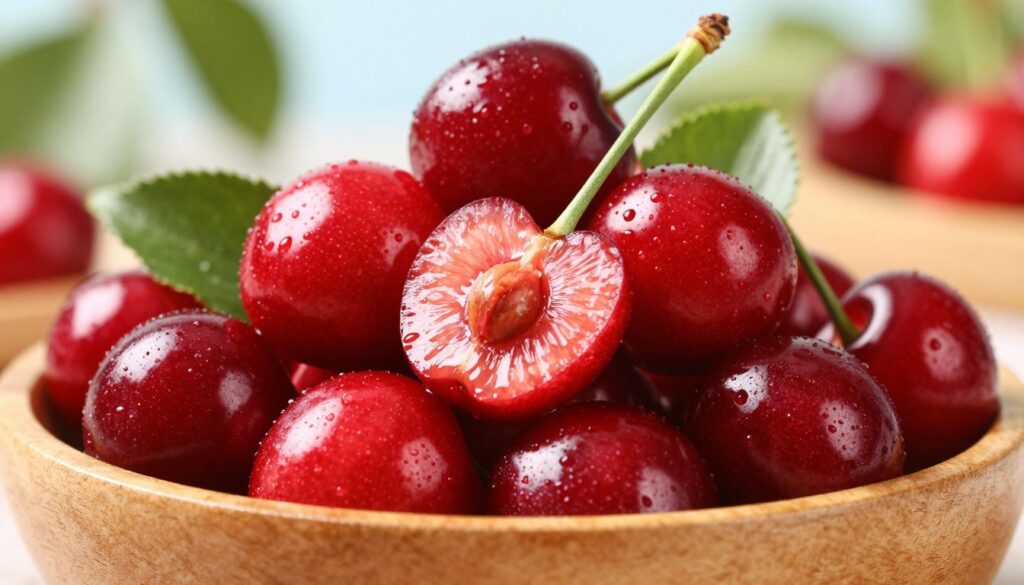 A vibrant, close-up shot of fresh cherries piled in a wooden bowl, showcasing their glossy red skin and green leaves. The foreground features a few cherries cut in half, revealing their juicy interior and vibrant colors to highlight their nutritional richness. In the middle ground, a soft gradient of natural light accentuates the shine of the fruit, creating an inviting and appetizing atmosphere. The background is softly blurred, featuring a light, natural outdoor setting, enhancing the overall freshness of the image. The scene exudes a healthy, lively mood, making it perfect for illustrating nutritional content and calorie information. The image should be captured with a shallow depth of field, emphasizing the cherries as the focal point, with no text or overlays present.