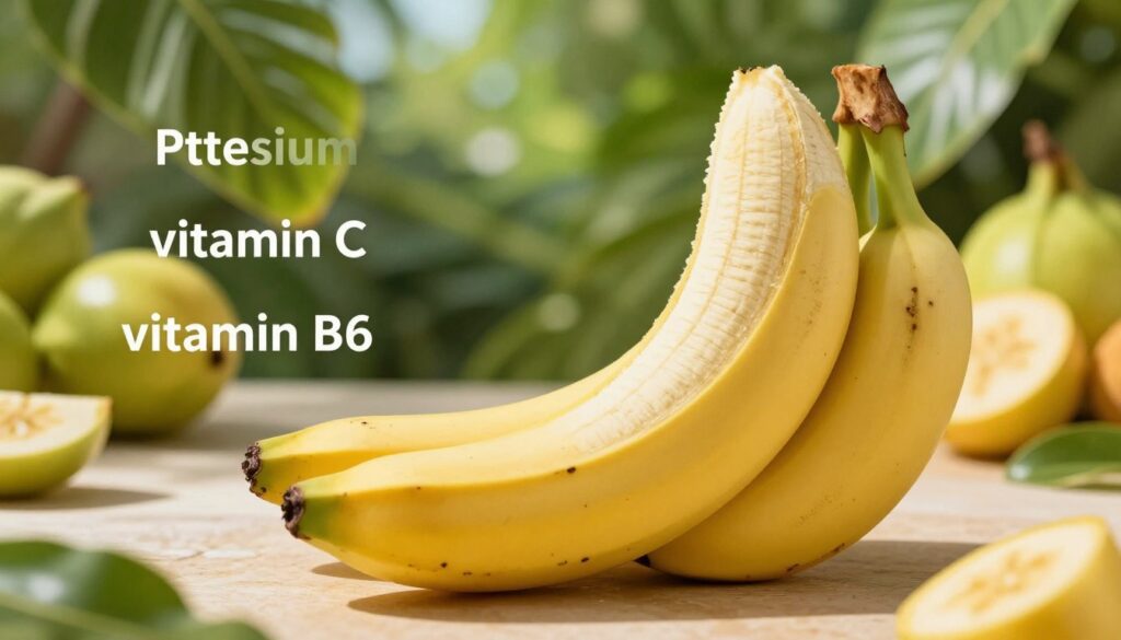 A vibrant composition showcasing a close-up of a ripe banana, sliced in half to reveal its creamy yellow flesh. In the foreground, include labels for vitamins and minerals, such as potassium, vitamin C, and vitamin B6, artistically hovering next to the fruit. The middle ground features a lush tropical backdrop with green leaves and other fruits to create a rich, juicy atmosphere. Soft natural sunlight filters through the leaves, casting gentle shadows that enhance the fresh and healthy vibe. Use a shallow depth of field to focus on the banana, making it the star of the image, while the background remains slightly blurred. This scene conveys the essence of health and nutrition, visually appealing for an informative article section.