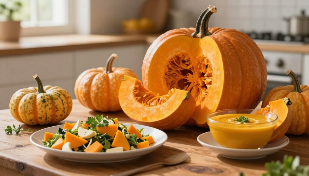 A vibrant display of a pumpkin showcasing its nutritional qualities, with sliced sections revealing the rich, orange flesh inside. In the foreground, a neatly arranged plate of light, healthy dishes featuring pumpkin, like a pumpkin salad and pumpkin soup, garnished with fresh herbs. In the middle ground, a rustic wooden table adorned with various pumpkins of different sizes and shades. The background features a softly blurred kitchen setting, warm and inviting, illuminated by natural light streaming through a window, casting gentle shadows. The atmosphere is healthy and vibrant, evoking a sense of wholesome eating and sustainability.