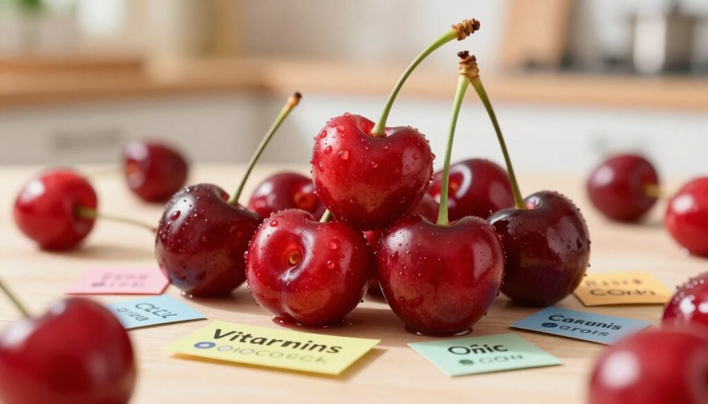 A vibrant display of cherries with a detailed focus on their nutritional values, set against a soft, blurred background of a sunlit kitchen. In the foreground, a close-up of fresh, glossy cherries, their rich red hue glistening with moisture. Scattered around them are small labels depicting key nutrients, such as calories, vitamins, and minerals, visualized in a colorful and informative style. The lighting is warm and inviting, highlighting the textures of the cherries, while a subtle depth of field creates a gentle bokeh effect in the background. The mood is bright and health-focused, emphasizing the fresh and wholesome qualities of these fruits, perfect for a diet-conscious audience. A vibrant display of cherries with a detailed focus on their nutritional values, set against a soft, blurred background of a sunlit kitchen. In the foreground, a close-up of fresh, glossy cherries, their rich red hue glistening with moisture. Scattered around them are small labels depicting key nutrients, such as calories, vitamins, and minerals, visualized in a colorful and informative style. The lighting is warm and inviting, highlighting the textures of the cherries, while a subtle depth of field creates a gentle bokeh effect in the background. The mood is bright and health-focused, emphasizing the fresh and wholesome qualities of these fruits, perfect for a diet-conscious audience.