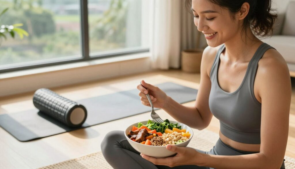 A vibrant, dynamic scene depicting a healthy diet and recovery regimen that supports running performance. In the foreground, a smiling runner, dressed in modest athletic wear, enjoys a colorful, nutrient-rich meal featuring vegetables, lean proteins, and whole grains. In the middle ground, a yoga mat and foam roller suggest elements of recovery after training, surrounded by a peaceful indoor space filled with natural sunlight. In the background, a window reveals a serene outdoor landscape, symbolizing the connection between nature and wellness. The atmosphere conveys energy and positivity, emphasizing the balance of nutrition, rest, and exercise. Soft, warm lighting highlights the textures of the food and the space, enhancing the overall inviting mood of the image. A vibrant, dynamic scene depicting a healthy diet and recovery regimen that supports running performance. In the foreground, a smiling runner, dressed in modest athletic wear, enjoys a colorful, nutrient-rich meal featuring vegetables, lean proteins, and whole grains. In the middle ground, a yoga mat and foam roller suggest elements of recovery after training, surrounded by a peaceful indoor space filled with natural sunlight. In the background, a window reveals a serene outdoor landscape, symbolizing the connection between nature and wellness. The atmosphere conveys energy and positivity, emphasizing the balance of nutrition, rest, and exercise. Soft, warm lighting highlights the textures of the food and the space, enhancing the overall inviting mood of the image.