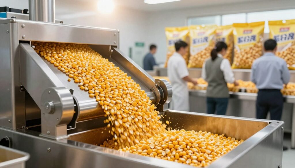 A vibrant production scene of light corn snack manufacturing, focusing on the transformation of corn kernels into crispy snacks. In the foreground, a close-up view of polished machinery in action, with golden corn kernels flowing into a modern extruder, creating a dynamic and engaging visual. The middle ground showcases workers in professional business attire, carefully monitoring the production process, emphasizing a clean and efficient workspace. In the background, large bags of finished corn snacks, prominently displayed and labeled, highlight the final product. Soft, natural lighting floods the scene, creating a bright and inviting atmosphere while lens flare subtly enhances the industrial vibe. The overall mood conveys innovation and quality in snack production, inviting viewers to explore the process behind these popular treats. A vibrant production scene of light corn snack manufacturing, focusing on the transformation of corn kernels into crispy snacks. In the foreground, a close-up view of polished machinery in action, with golden corn kernels flowing into a modern extruder, creating a dynamic and engaging visual. The middle ground showcases workers in professional business attire, carefully monitoring the production process, emphasizing a clean and efficient workspace. In the background, large bags of finished corn snacks, prominently displayed and labeled, highlight the final product. Soft, natural lighting floods the scene, creating a bright and inviting atmosphere while lens flare subtly enhances the industrial vibe. The overall mood conveys innovation and quality in snack production, inviting viewers to explore the process behind these popular treats.