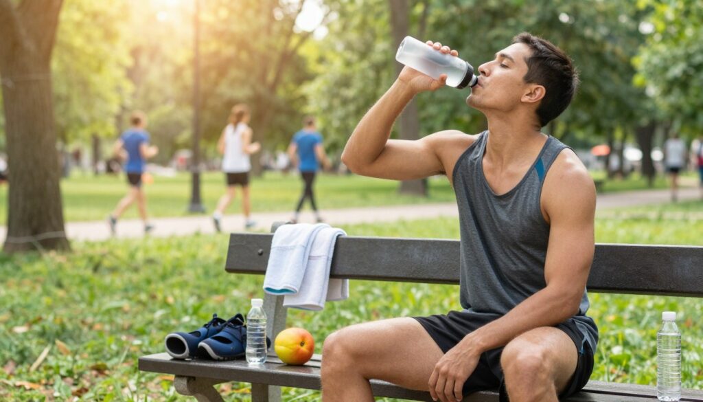 A vibrant scene depicting a runner recovering after a workout in a sunlit park. In the foreground, a healthy person in modest, athletic wear, sitting on a park bench, sipping from a water bottle, clearly focused on hydration and recovery. Their facial expression shows relief and satisfaction. In the middle ground, a variety of running gear, like a towel and a fruit, are arranged neatly on the bench, symbolizing post-run recovery. Soft sunlight filters through the trees, casting a warm glow on the scene. The background features a lush green park, with other runners and joggers in the distance, highlighting an active community atmosphere. The overall mood is refreshing and invigorating, promoting health and wellness. A vibrant scene depicting a runner recovering after a workout in a sunlit park. In the foreground, a healthy person in modest, athletic wear, sitting on a park bench, sipping from a water bottle, clearly focused on hydration and recovery. Their facial expression shows relief and satisfaction. In the middle ground, a variety of running gear, like a towel and a fruit, are arranged neatly on the bench, symbolizing post-run recovery. Soft sunlight filters through the trees, casting a warm glow on the scene. The background features a lush green park, with other runners and joggers in the distance, highlighting an active community atmosphere. The overall mood is refreshing and invigorating, promoting health and wellness.