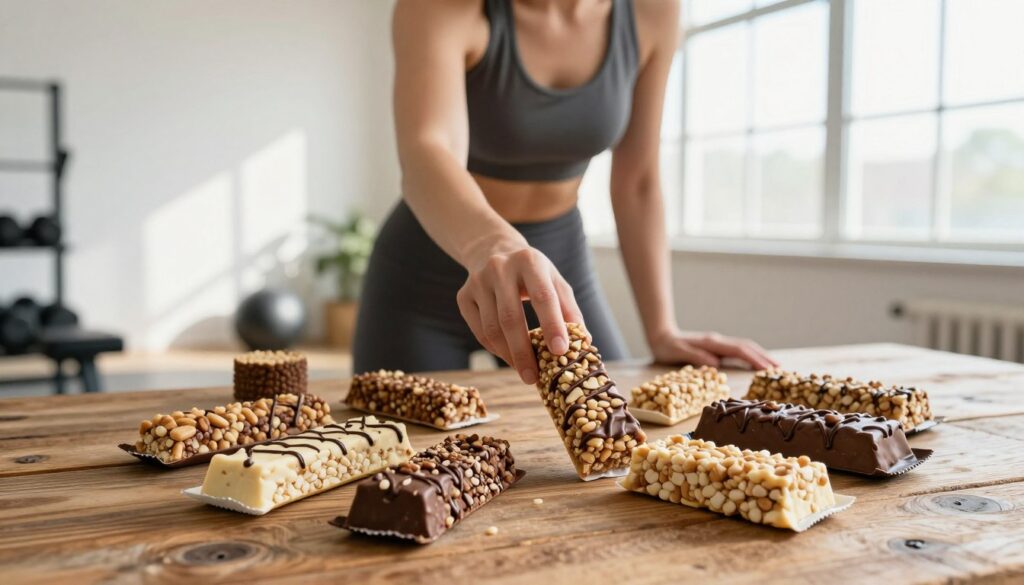 A vibrant scene showcasing a variety of protein bars arranged appealingly on a rustic wooden table. In the foreground, showcase a selection of colorful protein bars with different textures, such as nutty, chewy, and crispy, focusing on details like chocolate drizzles and seeds. In the middle ground, include an active individual, wearing modest athletic wear, energetically reaching for a bar, exuding enthusiasm and vitality. In the background, depict a bright, airy gym setting with soft morning light streaming through large windows, casting gentle shadows. The atmosphere should feel motivational and vibrant, symbolizing health and active living, emphasizing that these protein bars are ideal snacks for those who lead an active lifestyle.