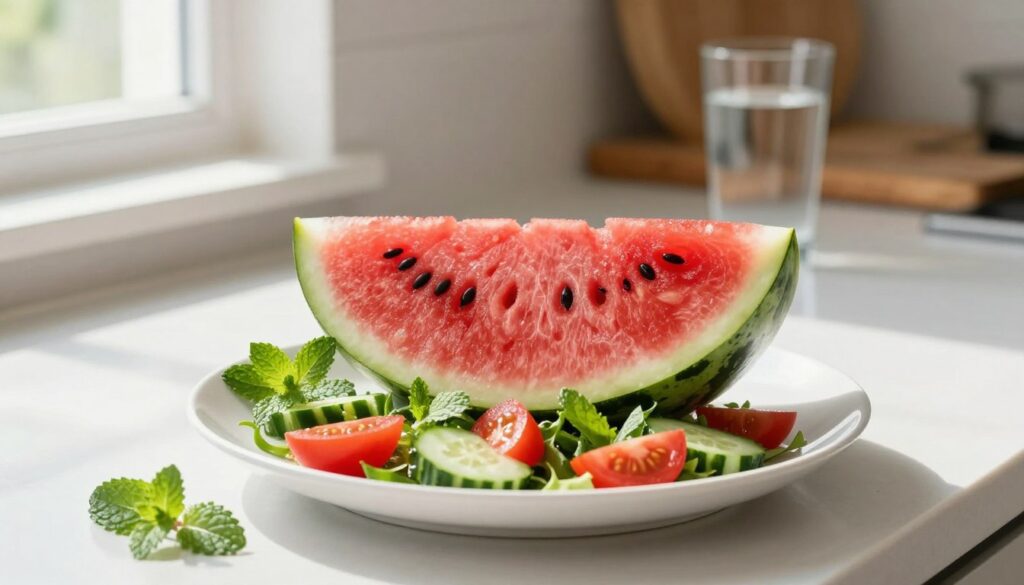 A vibrant slice of watermelon is placed on a minimalistic white plate, surrounded by bits of green mint leaves to emphasize freshness. In the foreground, a healthy, colorful salad featuring cucumbers, tomatoes, and leafy greens complements the watermelon, creating a visually appealing contrast. In the middle ground, a clean kitchen countertop adds a modern touch, illuminated by soft, natural light coming from a nearby window, casting gentle shadows. A blurred background shows a rustic wooden table with a glass of water, suggesting hydration and a balanced diet. The atmosphere is bright and inviting, conveying a sense of health and wellness, perfect for illustrating the concept of incorporating watermelon into a healthy reduction diet. A vibrant slice of watermelon is placed on a minimalistic white plate, surrounded by bits of green mint leaves to emphasize freshness. In the foreground, a healthy, colorful salad featuring cucumbers, tomatoes, and leafy greens complements the watermelon, creating a visually appealing contrast. In the middle ground, a clean kitchen countertop adds a modern touch, illuminated by soft, natural light coming from a nearby window, casting gentle shadows. A blurred background shows a rustic wooden table with a glass of water, suggesting hydration and a balanced diet. The atmosphere is bright and inviting, conveying a sense of health and wellness, perfect for illustrating the concept of incorporating watermelon into a healthy reduction diet.