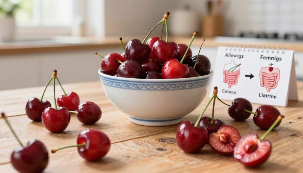 A vibrant still life composition featuring fresh, luscious cherries in the foreground, some cut open to reveal their juicy, red insides, highlighting their potential effects on digestion and allergies. In the middle ground, a porcelain bowl filled with cherries sits on a rustic wooden table, surrounded by medical illustrations depicting common allergies and digestive issues related to fruit consumption. The background shows a gentle blur of a sunny kitchen interior, with soft, natural lighting enhancing the freshness of the cherries. The mood is informative yet inviting, capturing the essence of healthy fruit consumption while also addressing potential issues in an educational context. A vibrant still life composition featuring fresh, luscious cherries in the foreground, some cut open to reveal their juicy, red insides, highlighting their potential effects on digestion and allergies. In the middle ground, a porcelain bowl filled with cherries sits on a rustic wooden table, surrounded by medical illustrations depicting common allergies and digestive issues related to fruit consumption. The background shows a gentle blur of a sunny kitchen interior, with soft, natural lighting enhancing the freshness of the cherries. The mood is informative yet inviting, capturing the essence of healthy fruit consumption while also addressing potential issues in an educational context.