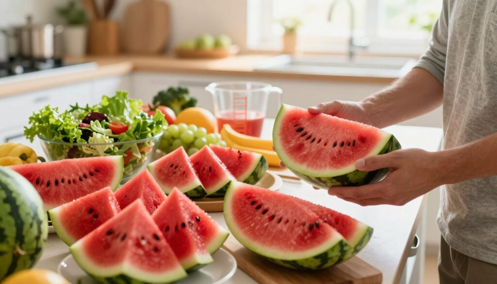 A vibrant watermelon feast laid out elegantly on a table, showcasing slices of ripe watermelon in various states of preparation, highlighting their juicy texture and deep red color. In the foreground, a person in modest casual clothing examines a watermelon slice, contemplating its health benefits, conveying curiosity and enthusiasm. The middle ground features a colorful display of fruits and vegetables, with a bright green salad, and a measuring cup to symbolize diet control. The background includes a well-lit kitchen with soft sunlight streaming in through a window, creating a warm and inviting atmosphere. The overall mood is lively and health-focused, evoking a sense of fresh beginnings and healthy lifestyle choices, captured with a shallow depth of field to emphasize the watermelon. A vibrant watermelon feast laid out elegantly on a table, showcasing slices of ripe watermelon in various states of preparation, highlighting their juicy texture and deep red color. In the foreground, a person in modest casual clothing examines a watermelon slice, contemplating its health benefits, conveying curiosity and enthusiasm. The middle ground features a colorful display of fruits and vegetables, with a bright green salad, and a measuring cup to symbolize diet control. The background includes a well-lit kitchen with soft sunlight streaming in through a window, creating a warm and inviting atmosphere. The overall mood is lively and health-focused, evoking a sense of fresh beginnings and healthy lifestyle choices, captured with a shallow depth of field to emphasize the watermelon.