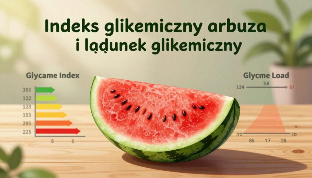 A visually engaging illustration for "Indeks glikemiczny arbuza i ładunek glikemiczny". In the foreground, display a fresh, vibrant watermelon sliced open, showcasing its bright red flesh and black seeds. Surrounding it, include stylized representations of glycemic index and glycemic load charts, with colorful arrows indicating their values, blending harmoniously with the watermelon. The middle ground features a smooth, wooden table surface to enhance the natural feel. In the background, include subtle elements like soft green leaves and a gentle sunlight filtering through, creating an inviting and informative atmosphere. Use a warm color palette and a soft focus for a calming, educational mood, capturing the nutritional essence of watermelon without any text or overlays. A visually engaging illustration for "Indeks glikemiczny arbuza i ładunek glikemiczny". In the foreground, display a fresh, vibrant watermelon sliced open, showcasing its bright red flesh and black seeds. Surrounding it, include stylized representations of glycemic index and glycemic load charts, with colorful arrows indicating their values, blending harmoniously with the watermelon. The middle ground features a smooth, wooden table surface to enhance the natural feel. In the background, include subtle elements like soft green leaves and a gentle sunlight filtering through, creating an inviting and informative atmosphere. Use a warm color palette and a soft focus for a calming, educational mood, capturing the nutritional essence of watermelon without any text or overlays.