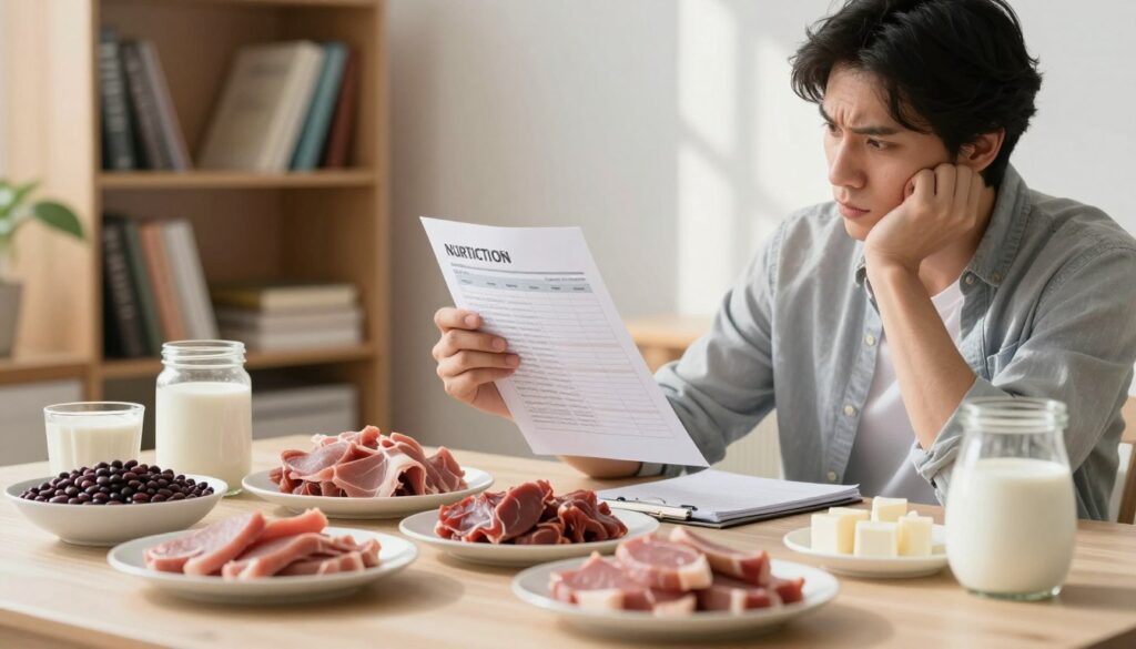 A visually striking and informative image illustrating the common mistakes when increasing protein intake. In the foreground, a professional workspace featuring a dining table with various protein-rich foods, like lean meats, legumes, and dairy products, beautifully arranged on plates. In the middle ground, a concerned person in casual attire analyzes a nutrition chart while jotting down notes, showcasing a moment of reflection on dietary choices. The background includes a bookshelf filled with health and nutrition books, creating an educational atmosphere. Soft, natural lighting streams in through a window, enhancing the clarity of the scene and casting gentle shadows. The overall mood is one of contemplation and self-improvement, emphasizing awareness in dietary habits without any distractions or text overlays.
