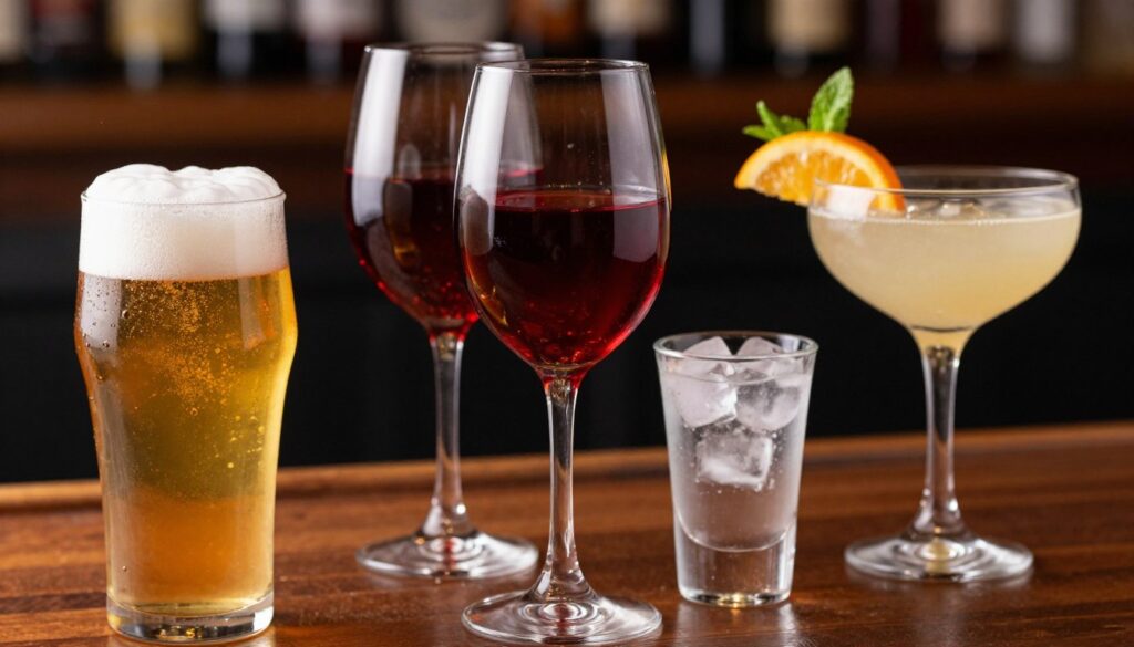 A visually striking composition showcasing the calorie content of popular alcoholic beverages: a frothy glass of beer, a sleek red wine glass, a shot of vodka with ice, and an elegantly garnished cocktail. In the foreground, place the beer and wine prominently, catching the light to highlight their rich colors and textures. The middle background features the vodka shot and cocktail, with delicate garnishes like citrus or herbs. Use soft, warm lighting to create an inviting atmosphere, with a subtle wooden bar backdrop that adds depth. Capture this scene with a slightly angled view to enhance perspective, making the drinks appear enticing and appealing to the viewer while evoking a sense of indulgence. A visually striking composition showcasing the calorie content of popular alcoholic beverages: a frothy glass of beer, a sleek red wine glass, a shot of vodka with ice, and an elegantly garnished cocktail. In the foreground, place the beer and wine prominently, catching the light to highlight their rich colors and textures. The middle background features the vodka shot and cocktail, with delicate garnishes like citrus or herbs. Use soft, warm lighting to create an inviting atmosphere, with a subtle wooden bar backdrop that adds depth. Capture this scene with a slightly angled view to enhance perspective, making the drinks appear enticing and appealing to the viewer while evoking a sense of indulgence.