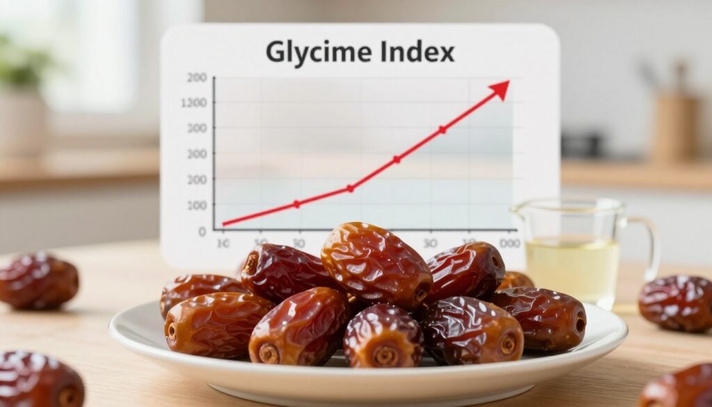 A visually striking image depicting the glycemic index of dates and its effect on blood sugar levels. In the foreground, a neatly arranged plate of fresh, ripe medjool dates, glistening with natural sugars, surrounded by a small measuring cup filled with a glucose solution. In the middle ground, a clear chart or graph illustrating the glycemic index of various foods, including dates, with arrows indicating blood sugar changes. The background features a softly blurred kitchen setting, with natural light pouring in, creating a warm and inviting atmosphere. Use a wide-angle lens to capture depth, ensuring the focus remains on the dates and the chart. The overall mood is informative yet approachable, suitable for readers interested in health and nutrition.