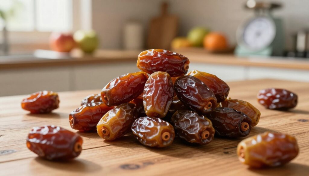 Dried dates piled artfully on a rustic wooden table, with a few scattered around. The dates showcase their deep brown color and glossy texture, glistening slightly as they catch the soft, warm light from a nearby window. In the background, a blurred kitchen setting features fresh fruits and a measuring scale, hinting at dietary considerations. Soft shadows are cast, creating a cozy and inviting atmosphere. The focus is on the dates, highlighting their natural beauty, while additional elements suggest a balanced diet theme, without overcrowding the scene. The image captures a harmonious blend of health and indulgence, evoking curiosity about dietary restrictions.