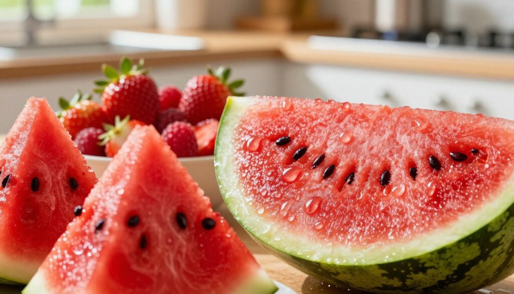 Vibrant close-up of a sliced watermelon showcasing its juicy red flesh, revealing the rich, deep crimson color that indicates high lycopene content. The foreground features glistening droplets of water on the watermelon slices, reflecting light beautifully. In the middle ground, an assortment of antioxidant-rich fruits like strawberries and raspberries are artfully arranged, highlighting their vibrant colors. The background is softly blurred, with a natural, sunlit kitchen setting, adding warmth to the scene. The lighting is bright and inviting, casting gentle shadows to enhance the freshness of the fruits. Overall, the atmosphere is cheerful and health-oriented, perfect for illustrating the health benefits of lycopene in watermelon. Vibrant close-up of a sliced watermelon showcasing its juicy red flesh, revealing the rich, deep crimson color that indicates high lycopene content. The foreground features glistening droplets of water on the watermelon slices, reflecting light beautifully. In the middle ground, an assortment of antioxidant-rich fruits like strawberries and raspberries are artfully arranged, highlighting their vibrant colors. The background is softly blurred, with a natural, sunlit kitchen setting, adding warmth to the scene. The lighting is bright and inviting, casting gentle shadows to enhance the freshness of the fruits. Overall, the atmosphere is cheerful and health-oriented, perfect for illustrating the health benefits of lycopene in watermelon.